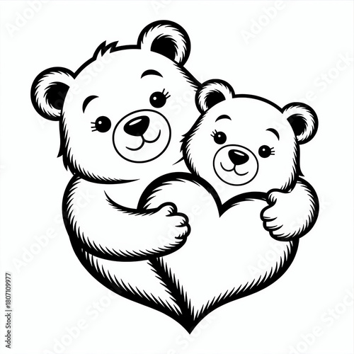 Mother bear hugging cub with heart symbol in black and white  