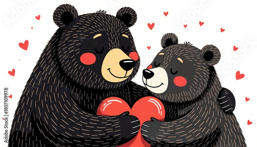 Two bears holding a red heart with love and affection  