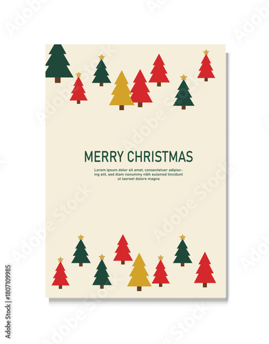 Merry christmas card with colorful trees on beige background, perfect for sending holiday greetings to your loved ones and friends