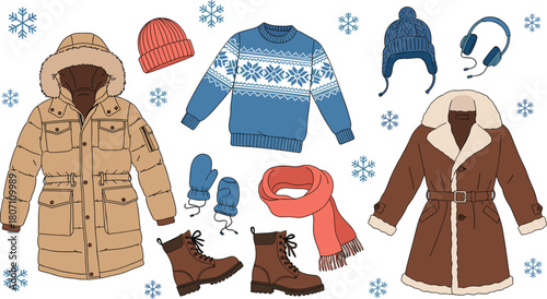 Winter clothing collection illustration featuring warm jackets, boots, sweaters, hats, mittens, and accessories designed for cold weather fashion and seasonal comfort.