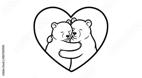 Two bears hugging inside a heart for coloring concept of Coloring. Parents and children.  