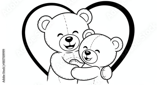 Two cartoon bears hugging inside a heart shape for coloring activity  