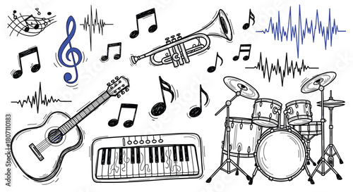 Doodle-style collection of hand-drawn musical instruments and sound symbols, featuring a guitar, drums, trumpet, keyboard, and various music notes.