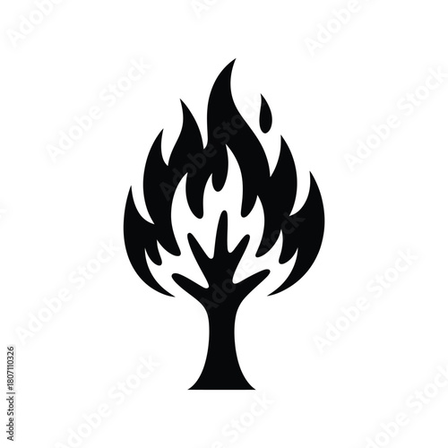 Stylized silhouette of a burning tree with flames