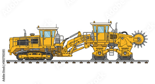 Detailed side profile of a yellow railway ballast cleaner, a complex track maintenance machine used for cleaning and replacing track ballast.