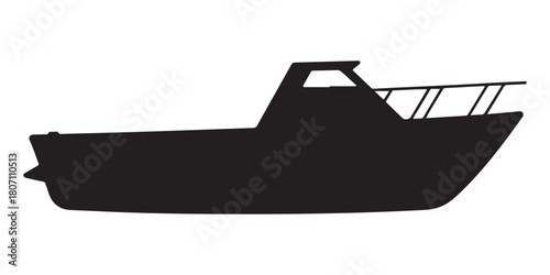  Simple black silhouette of a small motorboat with a cabin and railing