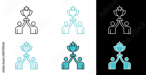 Two people lifting trophy with star icon for teamwork achievement and recognition in line and fill style