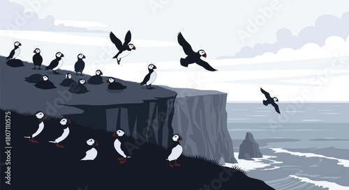 A monochrome illustration of a colony of Atlantic puffins gathered on a cliff edge by the sea, with some birds in flight.