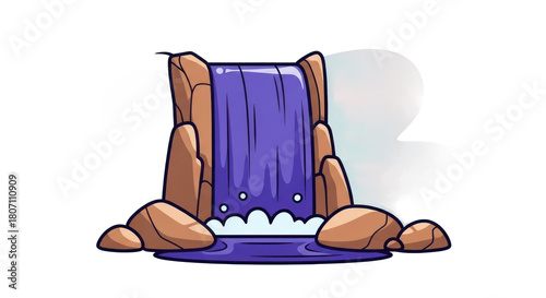Purple waterfall surrounded by rocks and water