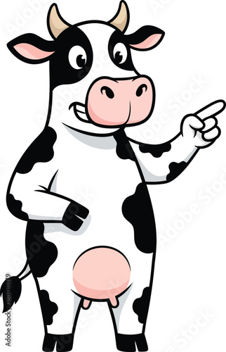 Happy cartoon cow with black and white spots pointing to the right with a friendly smile and cheerful expression
