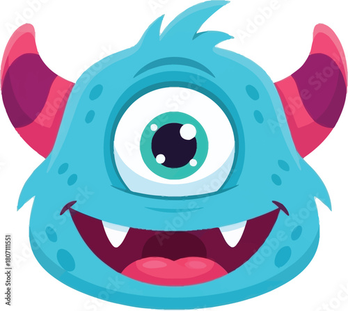 Cute friendly blue one eyed cartoon monster with horns and sharp teeth smiling happily on a white background