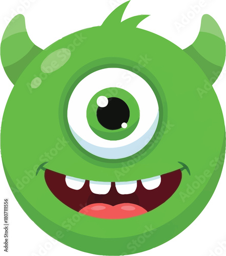Cute green cyclops monster with horns and big grin cartoon character illustration for childrens design