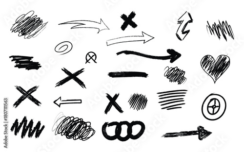 Creative Hand-Drawn Arrow Symbols and Marker Accent Set, Ink Sketch Crosses, Circles, Curved Arrows and Brush Doodle Elements for Highlighting and Notation”