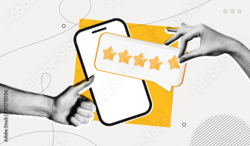 Trendy Halftone Collage Phone with five star rating. Hand with thumb up gesture. Online feedback. Quality review. Best score point to review service. Contemporary vector illustration art