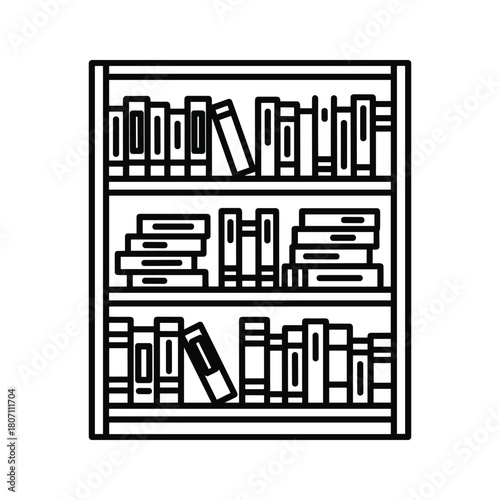 Bookshelf with three shelves filled with books, vector icon