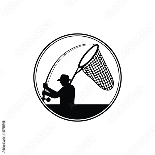 Silhouette of a fisherman casting a net in a circular frame