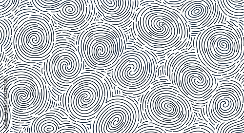 An abstract seamless pattern of intricate, swirling black lines resembling fingerprints or topographic maps on a clean white background.