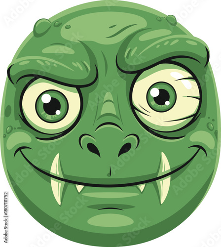 A cartoon illustration of a mischievous green monster face with big eyes and a wide grin showing sharp teeth