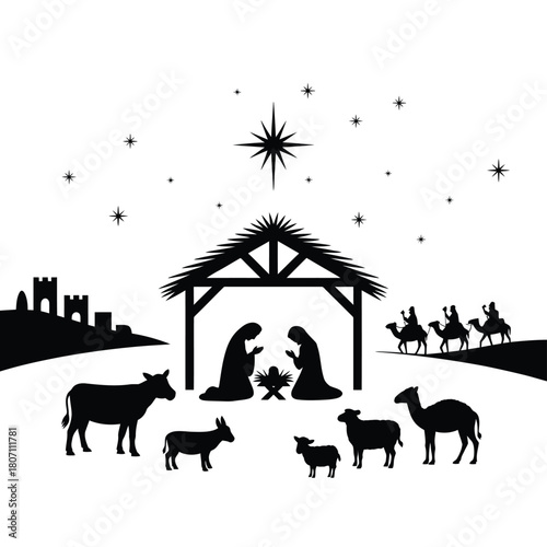 Nativity scene silhouette with wise men and animals under starry sky