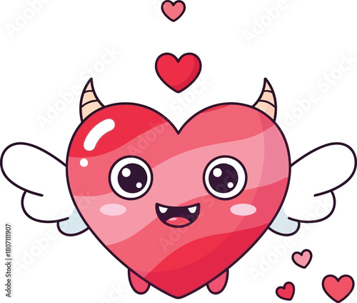 Cute cartoon devil heart with wings and horns flying with small hearts around representing love and mischief
