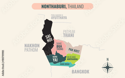 A map showing Nonthaburi Thailand divided into districts in a minimalist colorful style