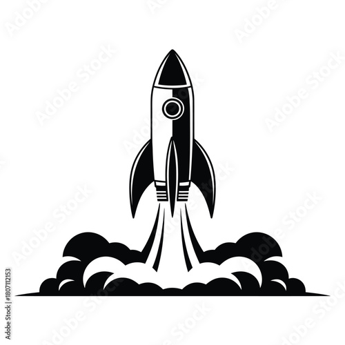 Retro rocket launching with smoke and fire on white background