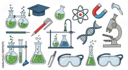Collection of hand-drawn science and chemistry laboratory equipment with a sketchy, textured effect, including beakers, a microscope, and DNA.