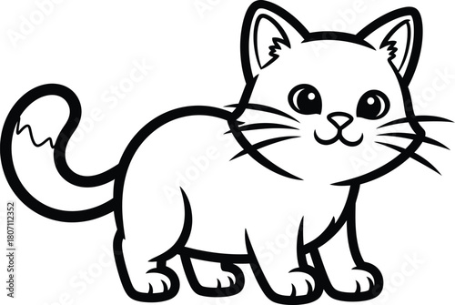 Adorable cartoon outline of a playful young kitten with big eyes and a bushy tail standing on a white background