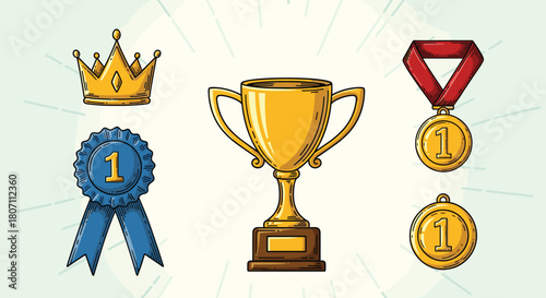 Hand-drawn set of first place awards and trophies, including a gold cup, medals, a crown, and a blue ribbon in a vintage style.