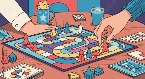 Illustrated scene of two people playing a colorful and engaging board game together at a table, moving their game pieces along the path.