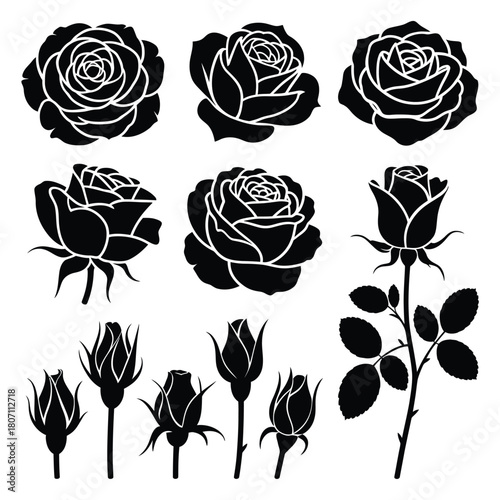 Collection of black silhouette rose flowers and buds