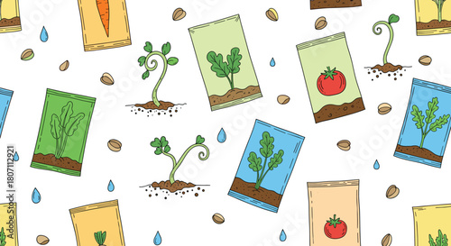 Adorable seamless gardening pattern with hand-drawn seed packets, sprouting plants, seeds, and water droplets on a white background.