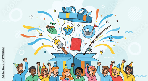 Diverse group of happy people celebrating with a gift box exploding with hobby icons, representing personalized presents for everyone.