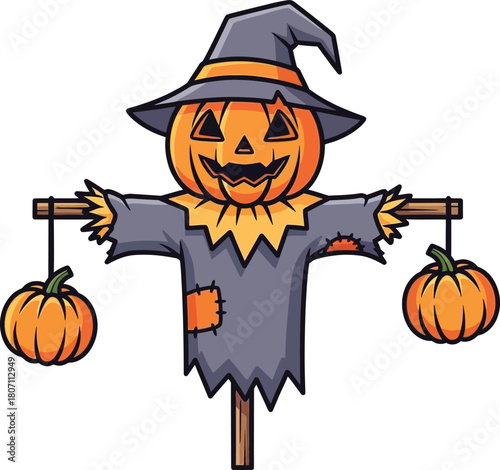 Whimsical halloween scarecrow with jack o lantern head and pumpkin accents holding small pumpkins