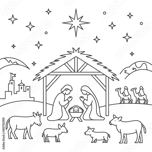 Christmas nativity scene with animals and star