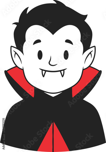 Cute cartoon vampire character with fangs and pointy ears wearing a black cape with red lining for halloween