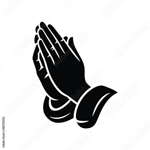 Black silhouette of praying hands against white background