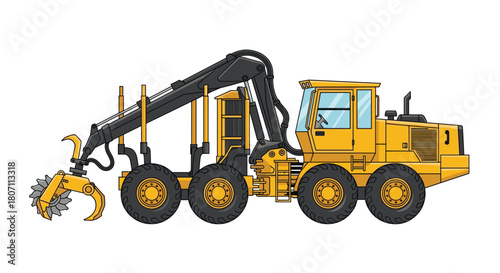 Industrial yellow feller buncher with a large saw head attachment, illustrated as a heavy machinery vehicle for forestry.