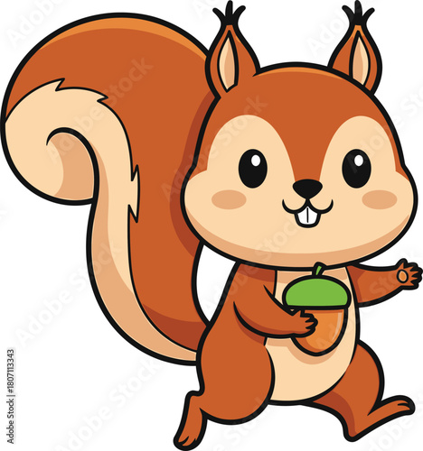 Adorable cartoon squirrel with a bushy tail holding a green acorn running happily with a friendly expression