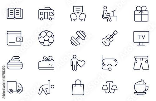 Hobby and recreation linear icons set. Hobbies for children and adults at home and outdoors. Sports, diving, dancing, reading, drawing, music and singing, chess, astronomy, photo and video.