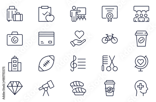 Hobby and recreation linear icons set. Hobbies for children and adults at home and outdoors. Sports, diving, dancing, reading, drawing, music and singing, chess, astronomy, photo and video.