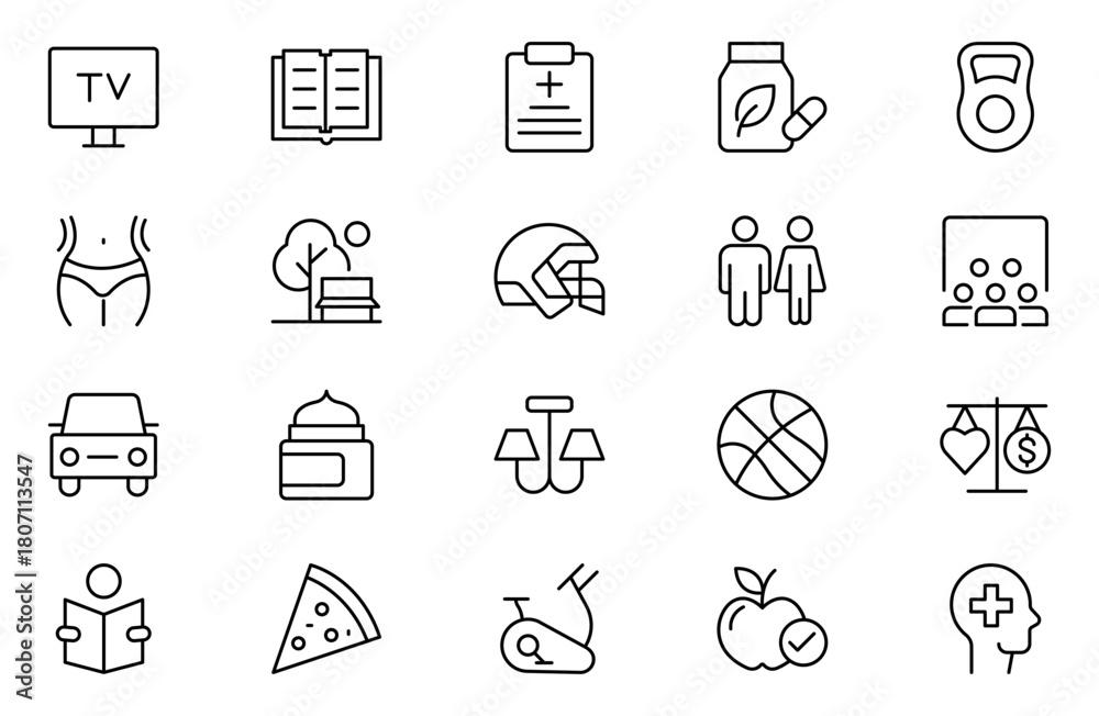 Fototapeta premium Hobby and recreation linear icons collection. Hobbies for children and adults at home and outdoors. Sports, diving, dancing, reading, drawing, music and singing, chess, astronomy, photo and video.