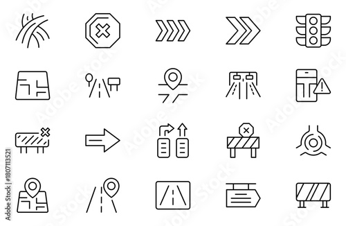 Road and traffic line icons collection. Street, transport, fuel, vehicle, location, car service icons. UI icon set. Thin outline pack. Way direction arrow sign. Roadsigns. Outline icon collection.