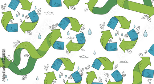Dynamic seamless pattern of green and blue 3D recycling symbols intertwined with leaves and water drops on a clean white background.