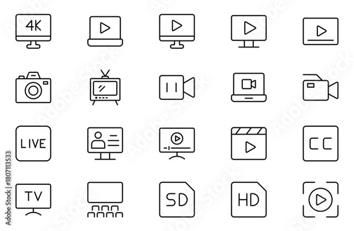 Multimedia and Production icon set. Cinema icon set. Movie sign collection. Set of cinema, movie, video icons, collection film, TV. Popcorn box package Big movie reel. Outline icon set collection.