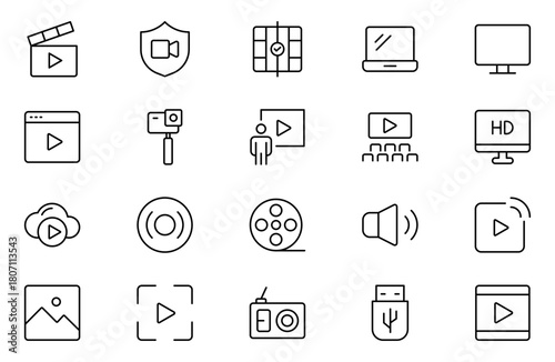 Multimedia and Production icon set. Cinema icon set. Movie sign collection. Set of cinema, movie, video icons, collection film, TV. Popcorn box package Big movie reel. Outline icon set collection.