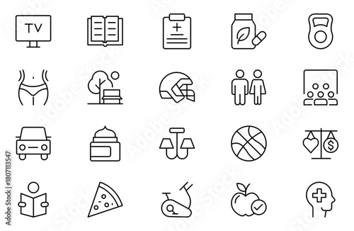 Hobby and recreation linear icons collection. Hobbies for children and adults at home and outdoors. Sports, diving, dancing, reading, drawing, music and singing, chess, astronomy, photo and video.