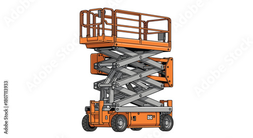 A detailed illustration of an orange mobile scissor lift, an aerial work platform used in construction and warehouse maintenance.