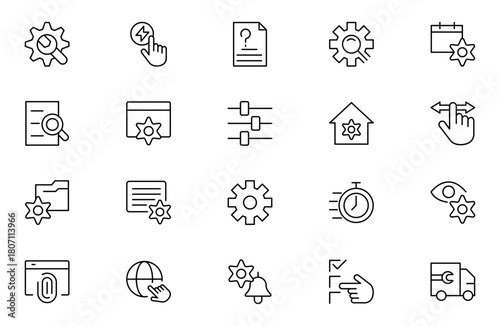 Setting and setup Solid icon collection. app and website settings icon set. options, configuration, preferences, adjustments, tools, gear, control panel, management, and productivity icons.