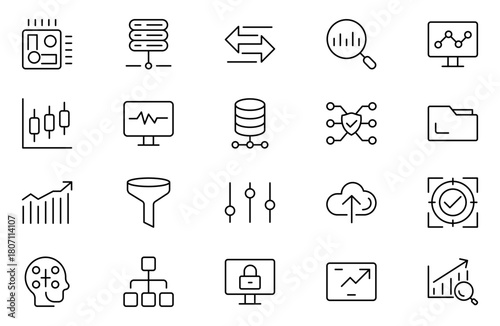 Data analytics web icons set in thin line design. Pack of database, big data process, ai, monitoring, traffic, hosting service, optimization, backup, chart and other. Vector outline stroke icon design